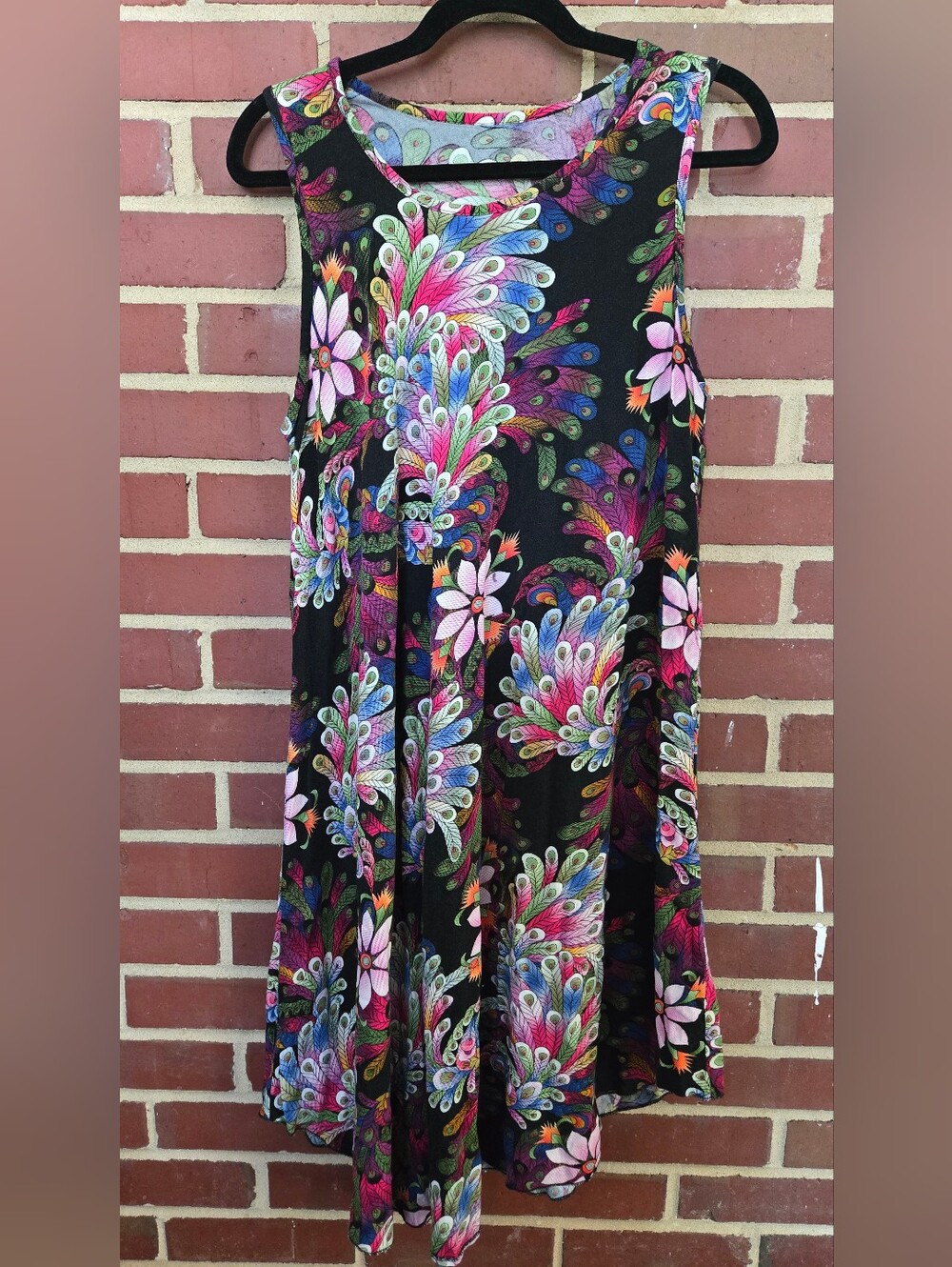 Farm Rio Inspired Peacock Floral Asymmetrical Midi Dress M